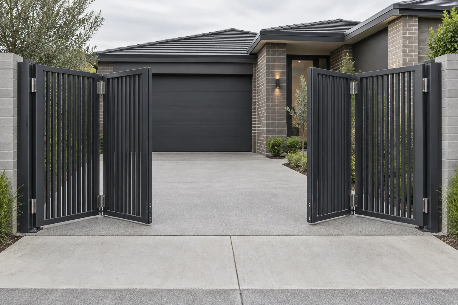 Bifold gate opening onto a driveway