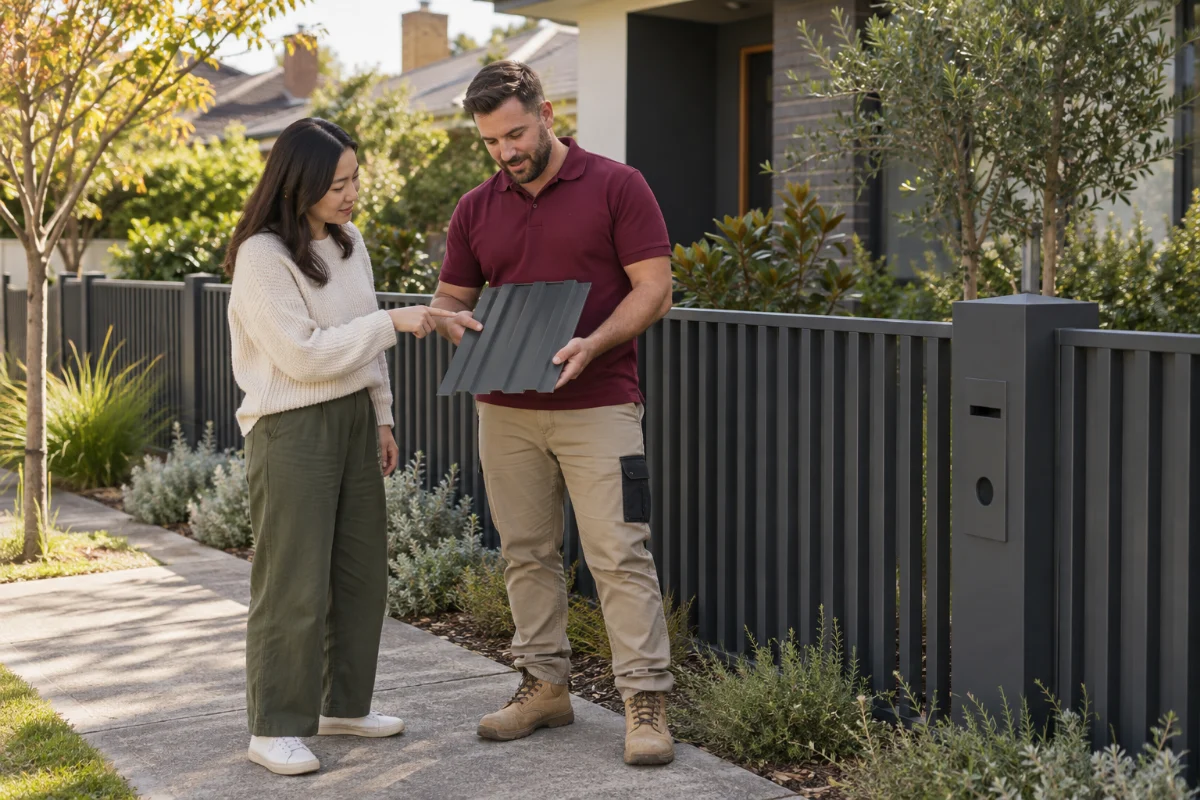 A homeowner discussing fence materials with a tradesperson