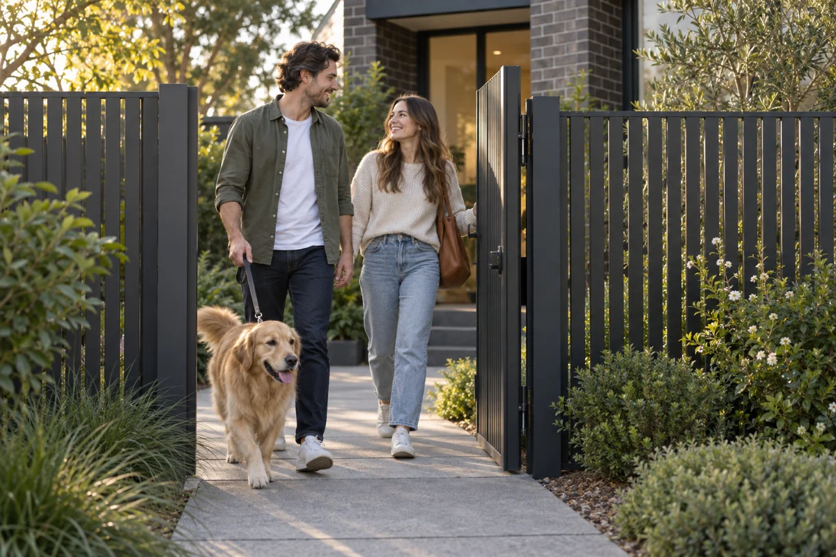 A couple and their dog arriving home through a pedestrian gate