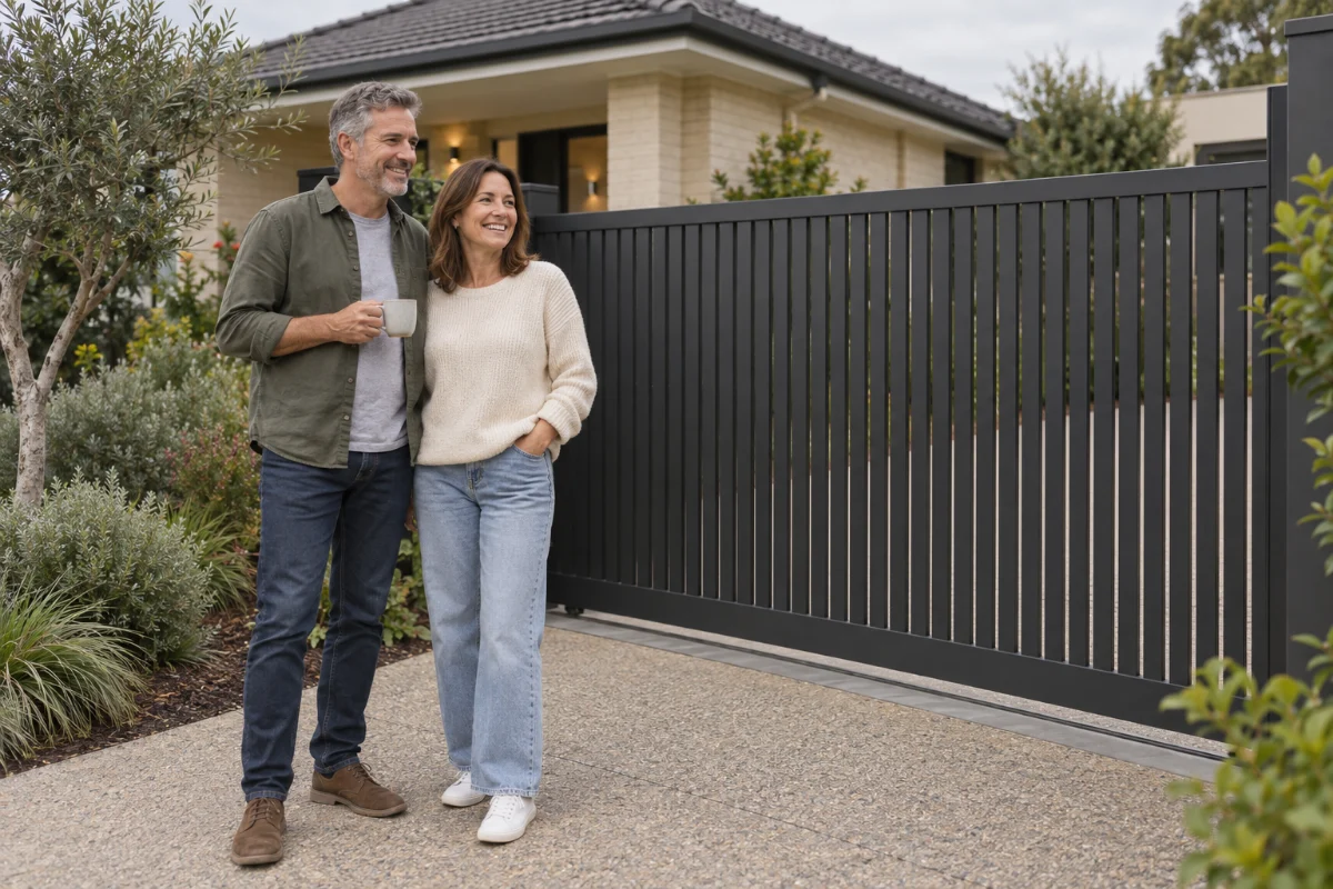 A couple beside a charcoal front gate and matching fence