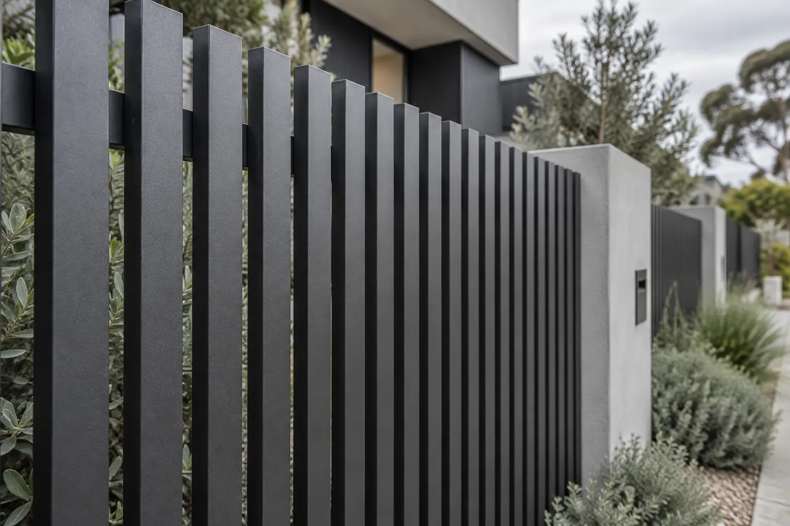 Aluminium front fence with vertical battens