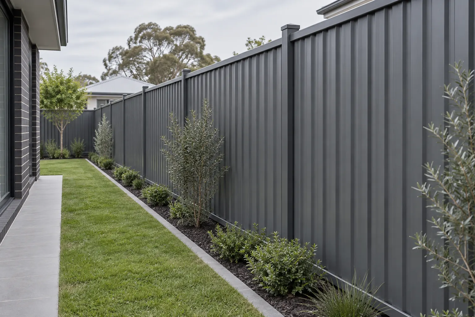 Steel side fence beside a landscaped garden