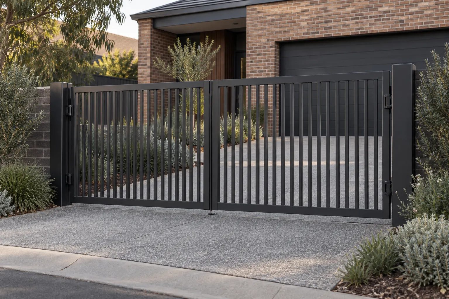 Double swing gate at a residential entrance